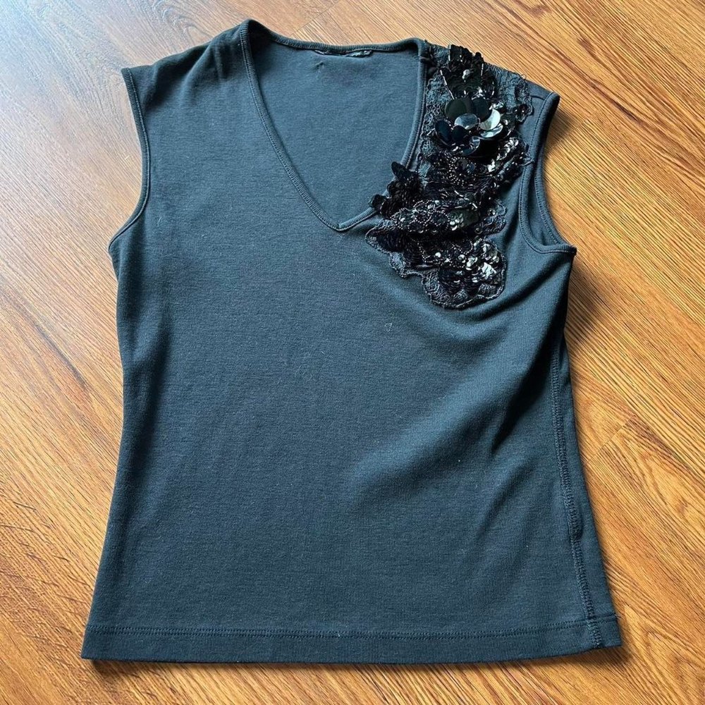 Black Sequin Vintage Beaded Floral‎ Tank Top